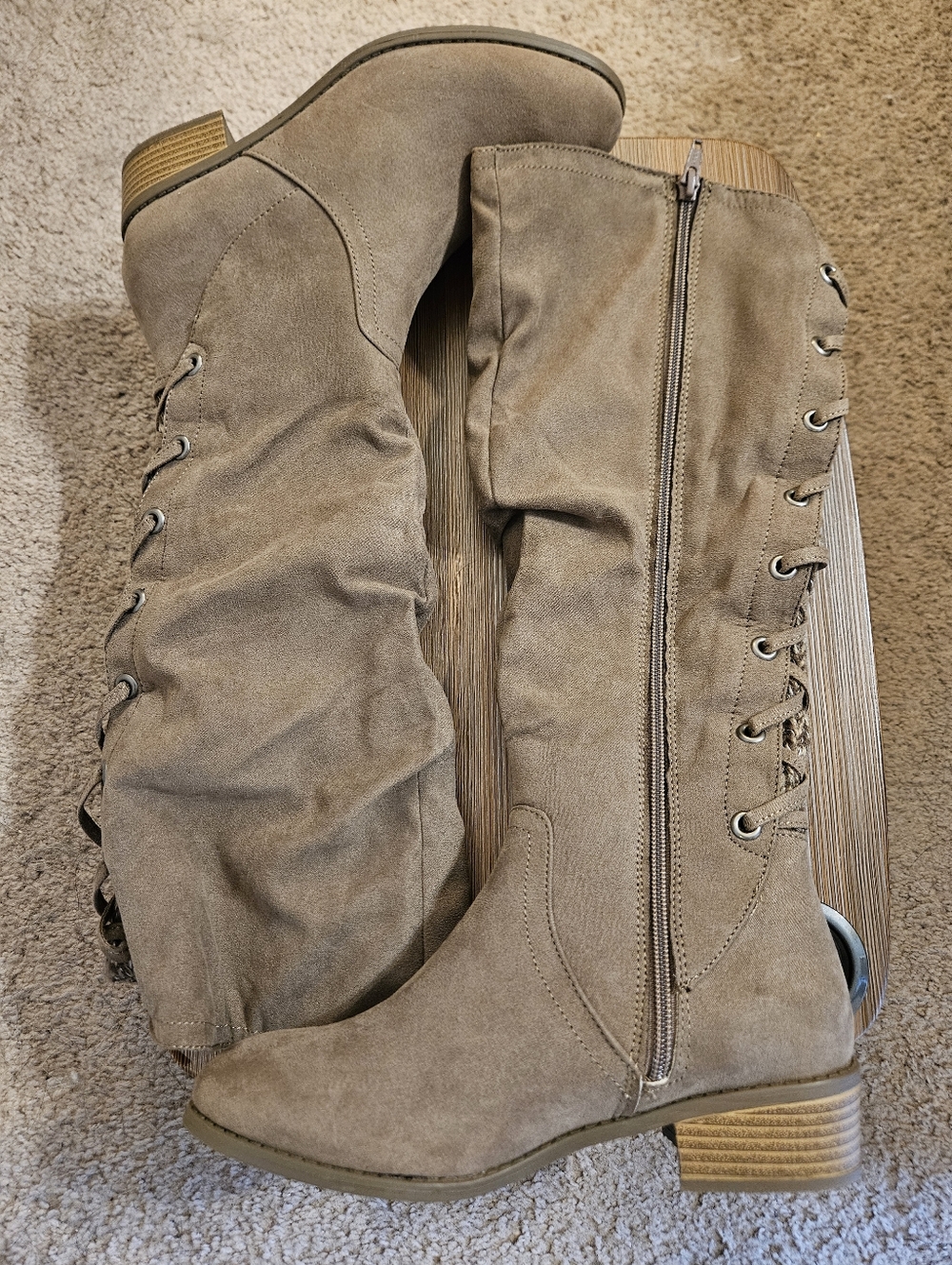 Taupe Suede-Look Lace-Up Boots, 7.5 New